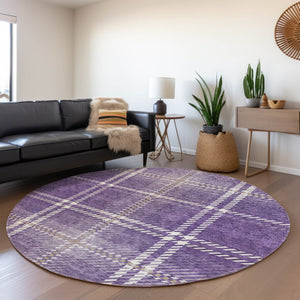 HomeRoots 8' Stylish Purple, Ivory & Gold Plaid Washable Round Rug with UV Protection for High-Traffic Areas 674338