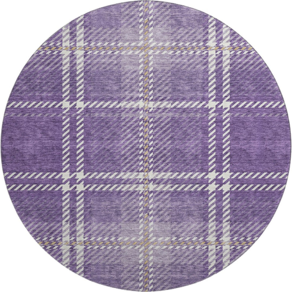 HomeRoots 8' Stylish Purple, Ivory & Gold Plaid Washable Round Rug with UV Protection for High-Traffic Areas 674338