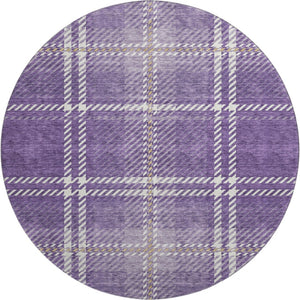 HomeRoots 8' Stylish Purple, Ivory & Gold Plaid Washable Round Rug with UV Protection for High-Traffic Areas 674338