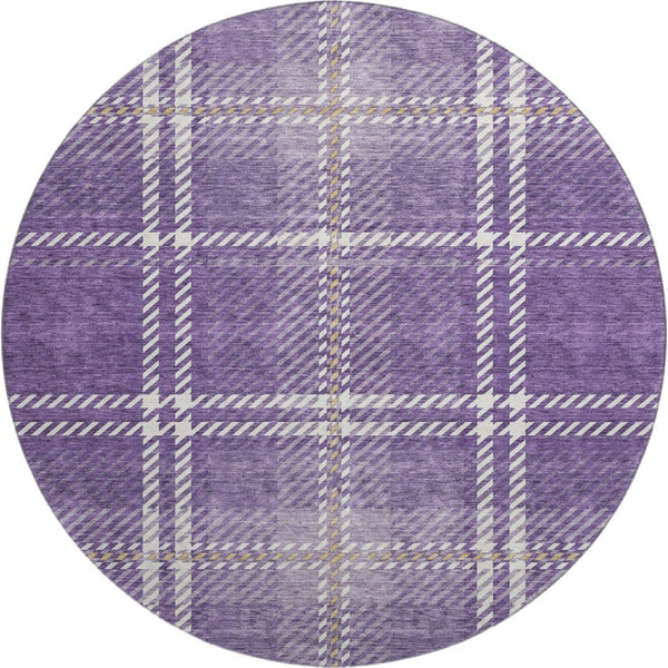 HomeRoots 8' Stylish Purple, Ivory & Gold Plaid Washable Round Rug with UV Protection for High-Traffic Areas 674338