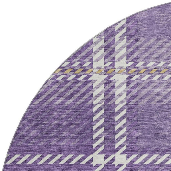 HomeRoots 8' Stylish Purple, Ivory & Gold Plaid Washable Round Rug with UV Protection for High-Traffic Areas 674338