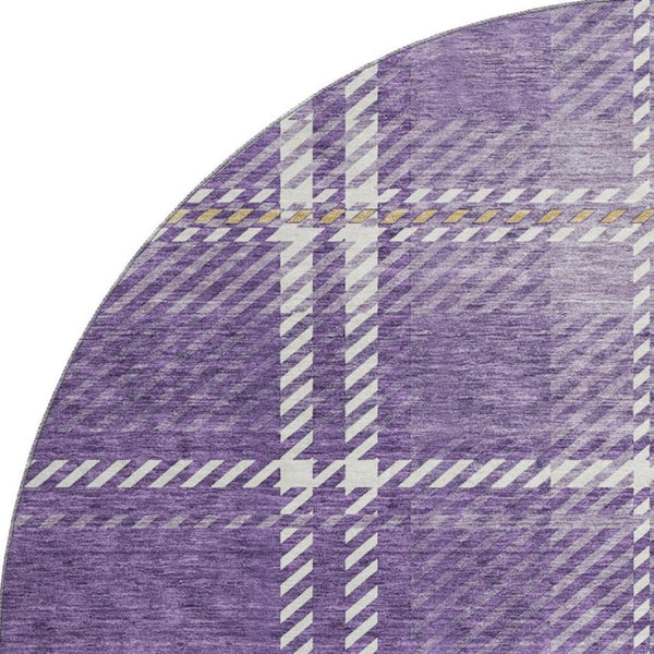 HomeRoots 8' Stylish Purple, Ivory & Gold Plaid Washable Round Rug with UV Protection for High-Traffic Areas 674338