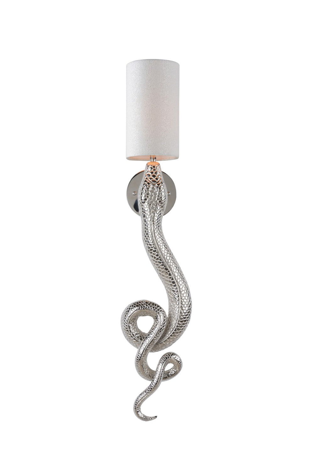 Wildwood Sapera Serpent Sconce In Polished Nickel — Handcrafted Scaled Iron Wall Light With White Drum Shade 67434