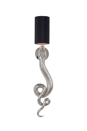 Wildwood Sapera Serpent Sconce In Polished Nickel — Handcrafted Scaled Iron Wall Light With White Drum Shade 67434