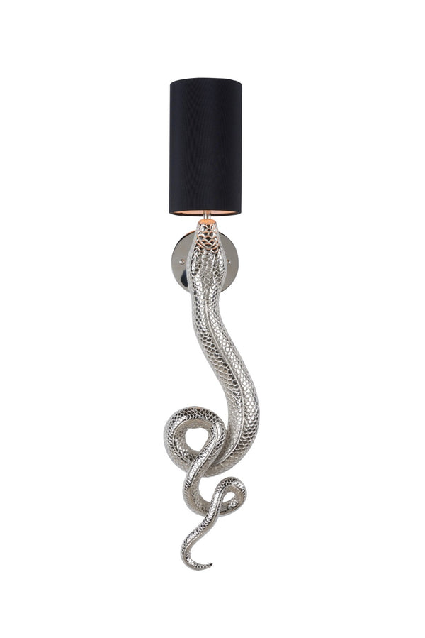 Wildwood Sapera Serpent Sconce In Polished Nickel — Handcrafted Scaled Iron Wall Light With White Drum Shade 67434