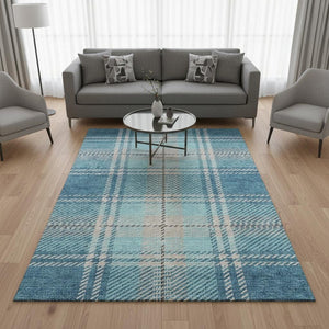 HomeRoots 5' Stylish Teal, Beige & Gray Plaid Washable Area Rug with UV Protection for Indoor & Outdoor Use 674343
