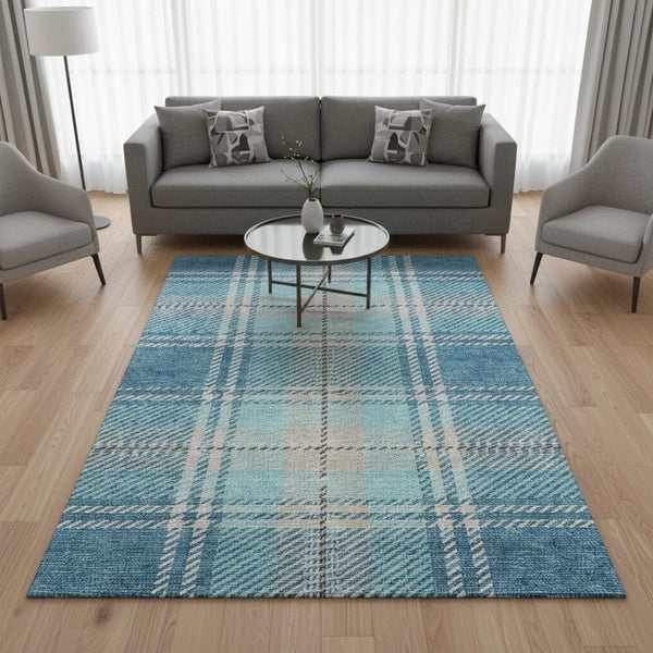 HomeRoots 5' Stylish Teal, Beige & Gray Plaid Washable Area Rug with UV Protection for Indoor & Outdoor Use 674343