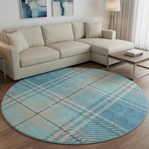 HomeRoots 8' Teal Beige Gray Plaid Washable Round Rug - Durable, Stylish, UV Protected for High Traffic Areas 674344