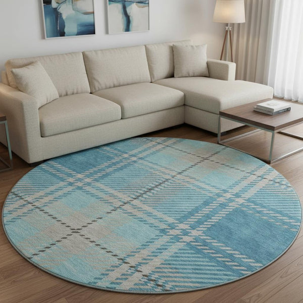 HomeRoots 8' Teal Beige Gray Plaid Washable Round Rug - Durable, Stylish, UV Protected for High Traffic Areas 674344
