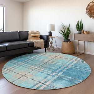 HomeRoots 8' Teal Beige Gray Plaid Washable Round Rug - Durable, Stylish, UV Protected for High Traffic Areas 674344