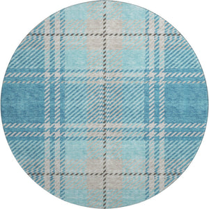 HomeRoots 8' Teal Beige Gray Plaid Washable Round Rug - Durable, Stylish, UV Protected for High Traffic Areas 674344