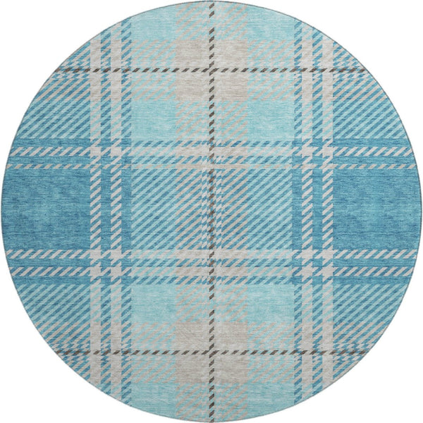 HomeRoots 8' Teal Beige Gray Plaid Washable Round Rug - Durable, Stylish, UV Protected for High Traffic Areas 674344