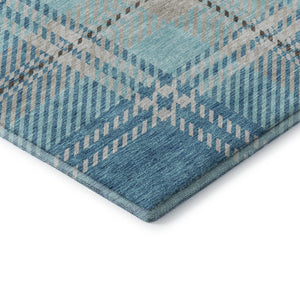 HomeRoots 8' Teal Beige Gray Plaid Washable Round Rug - Durable, Stylish, UV Protected for High Traffic Areas 674344