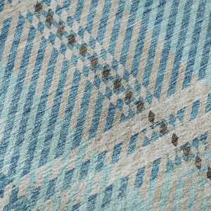 HomeRoots 8' Teal Beige Gray Plaid Washable Round Rug - Durable, Stylish, UV Protected for High Traffic Areas 674344