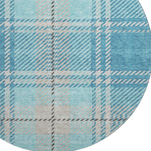 HomeRoots 8' Teal Beige Gray Plaid Washable Round Rug - Durable, Stylish, UV Protected for High Traffic Areas 674344