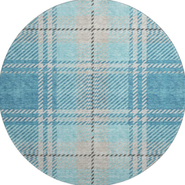 HomeRoots 8' Teal Beige Gray Plaid Washable Round Rug - Durable, Stylish, UV Protected for High Traffic Areas 674344