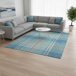 HomeRoots 8' X 10' Stylish Teal Beige Gray Plaid Area Rug - Washable, UV-Protected, Perfect for Busy Homes 674345