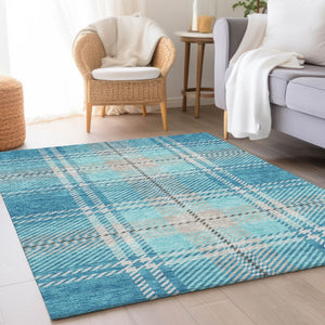 HomeRoots 8' X 10' Stylish Teal Beige Gray Plaid Area Rug - Washable, UV-Protected, Perfect for Busy Homes 674345