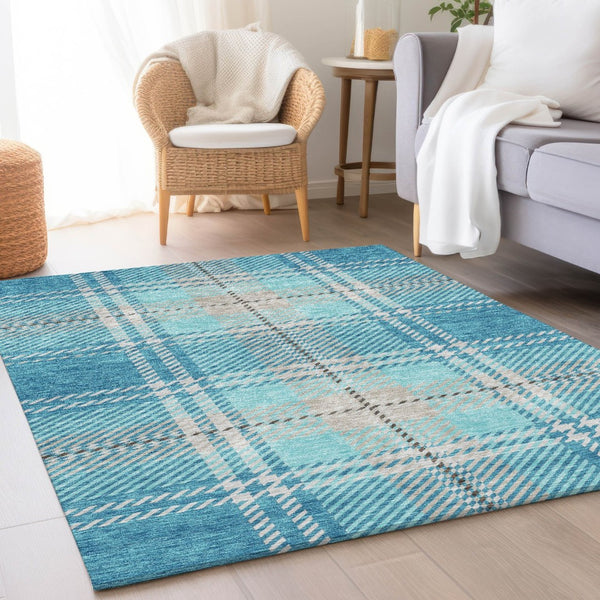 HomeRoots 8' X 10' Stylish Teal Beige Gray Plaid Area Rug - Washable, UV-Protected, Perfect for Busy Homes 674345