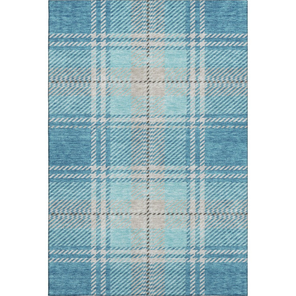 HomeRoots 8' X 10' Stylish Teal Beige Gray Plaid Area Rug - Washable, UV-Protected, Perfect for Busy Homes 674345