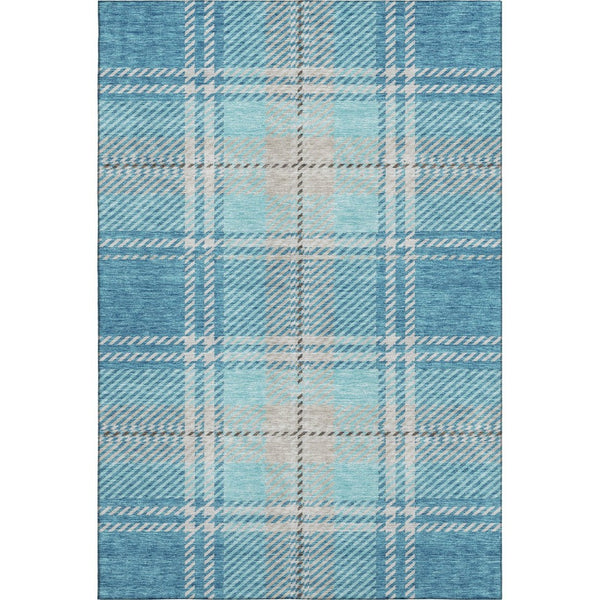 HomeRoots 8' X 10' Stylish Teal Beige Gray Plaid Area Rug - Washable, UV-Protected, Perfect for Busy Homes 674345