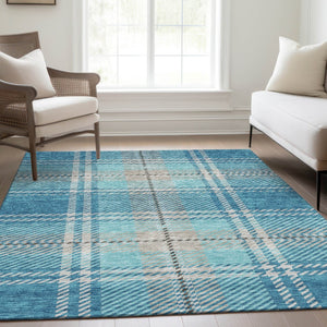 HomeRoots 8' X 10' Stylish Teal Beige Gray Plaid Area Rug - Washable, UV-Protected, Perfect for Busy Homes 674345