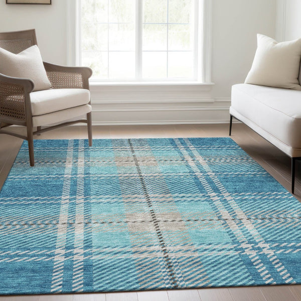 HomeRoots 8' X 10' Stylish Teal Beige Gray Plaid Area Rug - Washable, UV-Protected, Perfect for Busy Homes 674345