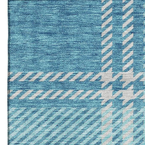 HomeRoots 8' X 10' Stylish Teal Beige Gray Plaid Area Rug - Washable, UV-Protected, Perfect for Busy Homes 674345