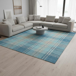 HomeRoots 9' X 12' Stylish Teal Beige and Gray Plaid Area Rug - Washable, Stain Resistant & UV Protected! 674346