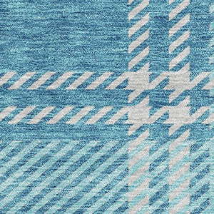 HomeRoots 9' X 12' Stylish Teal Beige and Gray Plaid Area Rug - Washable, Stain Resistant & UV Protected! 674346