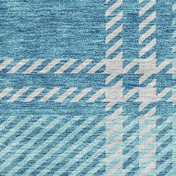 HomeRoots 9' X 12' Stylish Teal Beige and Gray Plaid Area Rug - Washable, Stain Resistant & UV Protected! 674346