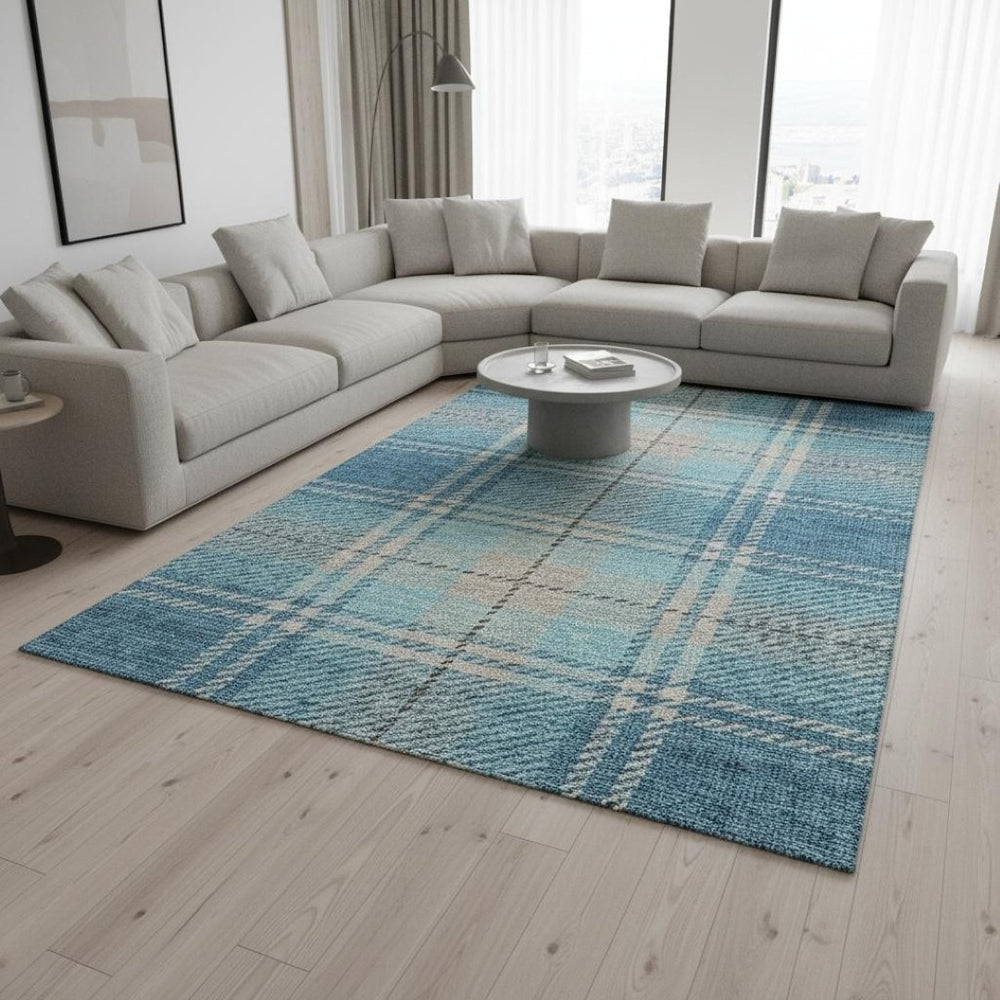 HomeRoots 10' Teal Beige and Gray Plaid Washable Area Rug – Durable, Stain-Resistant with UV Protection for Homes 674347