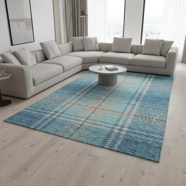 HomeRoots 10' Teal Beige and Gray Plaid Washable Area Rug – Durable, Stain-Resistant with UV Protection for Homes 674347