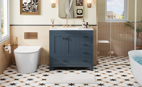 English Elm 36" Blue Bathroom Vanity with Ceramic Sink, 5 Drawers & Soft-Close Doors, Solid Wood Modern Storage N729P183735C
