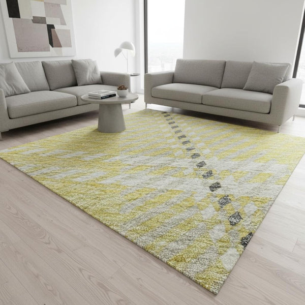 HomeRoots 5' X 8' Washable Yellow Ivory Gray Plaid Area Rug with UV Protection for Durable Stylish Living Spaces 674349