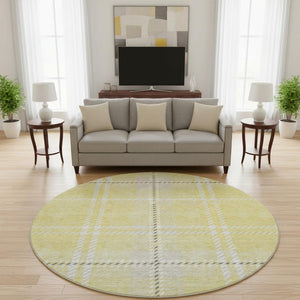 HomeRoots 8' Washable Round Rug in Yellow, Ivory, and Gray Plaid - UV Protected, Soft, Durable for High-Traffic Areas 674350