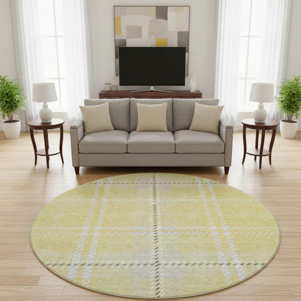 HomeRoots 8' Washable Round Rug in Yellow, Ivory, and Gray Plaid - UV Protected, Soft, Durable for High-Traffic Areas 674350