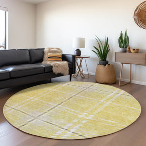 HomeRoots 8' Washable Round Rug in Yellow, Ivory, and Gray Plaid - UV Protected, Soft, Durable for High-Traffic Areas 674350