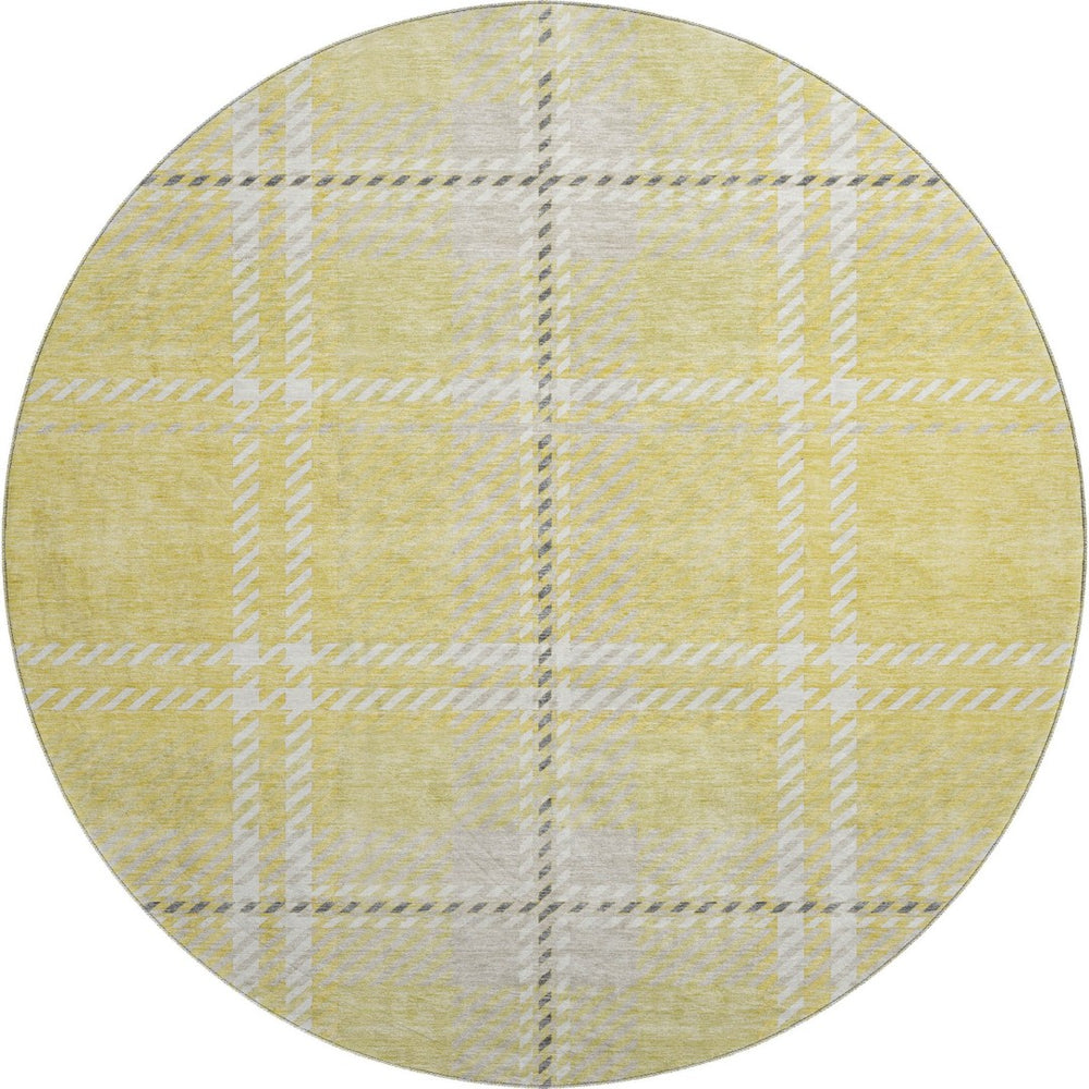 HomeRoots 8' Washable Round Rug in Yellow, Ivory, and Gray Plaid - UV Protected, Soft, Durable for High-Traffic Areas 674350