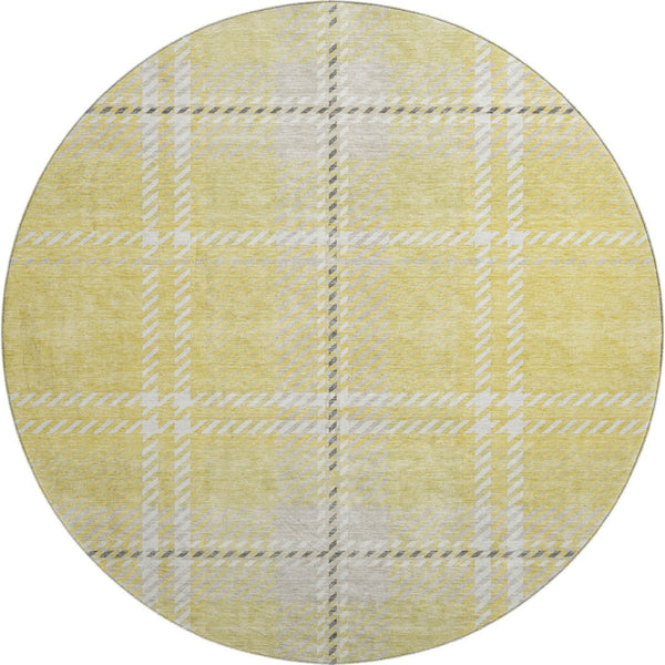 HomeRoots 8' Washable Round Rug in Yellow, Ivory, and Gray Plaid - UV Protected, Soft, Durable for High-Traffic Areas 674350