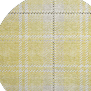 HomeRoots 8' Washable Round Rug in Yellow, Ivory, and Gray Plaid - UV Protected, Soft, Durable for High-Traffic Areas 674350