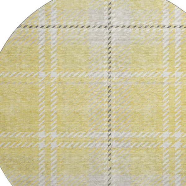 HomeRoots 8' Washable Round Rug in Yellow, Ivory, and Gray Plaid - UV Protected, Soft, Durable for High-Traffic Areas 674350