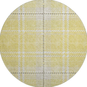 HomeRoots 8' Washable Round Rug in Yellow, Ivory, and Gray Plaid - UV Protected, Soft, Durable for High-Traffic Areas 674350