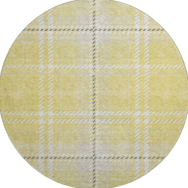 HomeRoots 8' Washable Round Rug in Yellow, Ivory, and Gray Plaid - UV Protected, Soft, Durable for High-Traffic Areas 674350