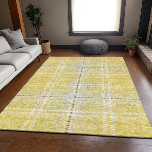 HomeRoots 8' X 10' Washable Plaid Area Rug in Yellow, Ivory & Gray – Durable, Stain Resistant with UV Protection 674351