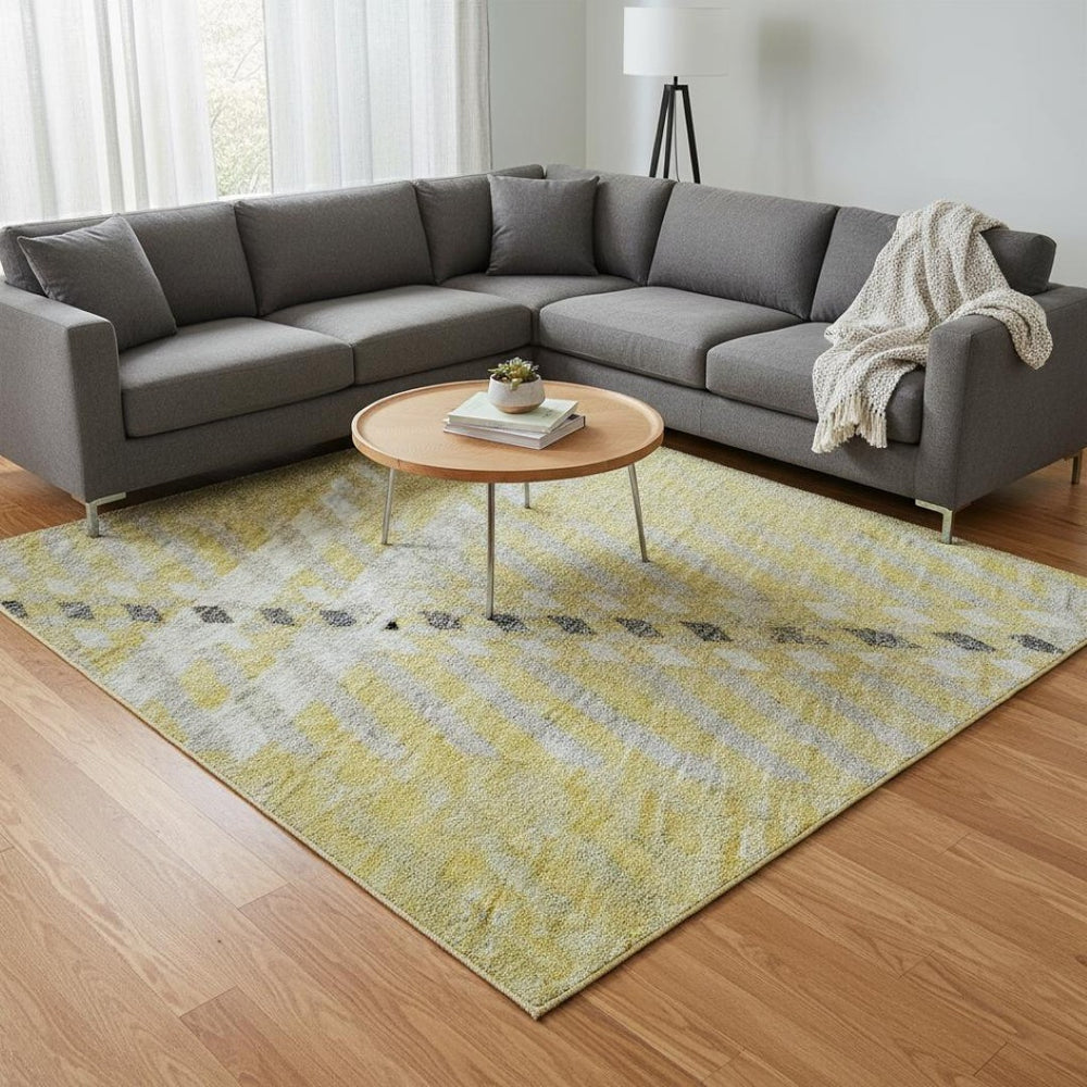 HomeRoots 9' X 12' Washable Plaid Area Rug in Yellow, Ivory & Gray - UV Protection & Easy-Care for Busy Homes 674352
