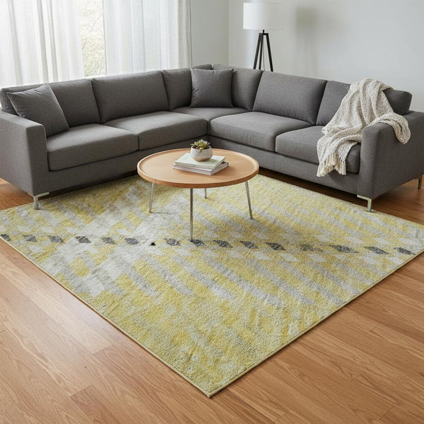 HomeRoots 9' X 12' Washable Plaid Area Rug in Yellow, Ivory & Gray - UV Protection & Easy-Care for Busy Homes 674352