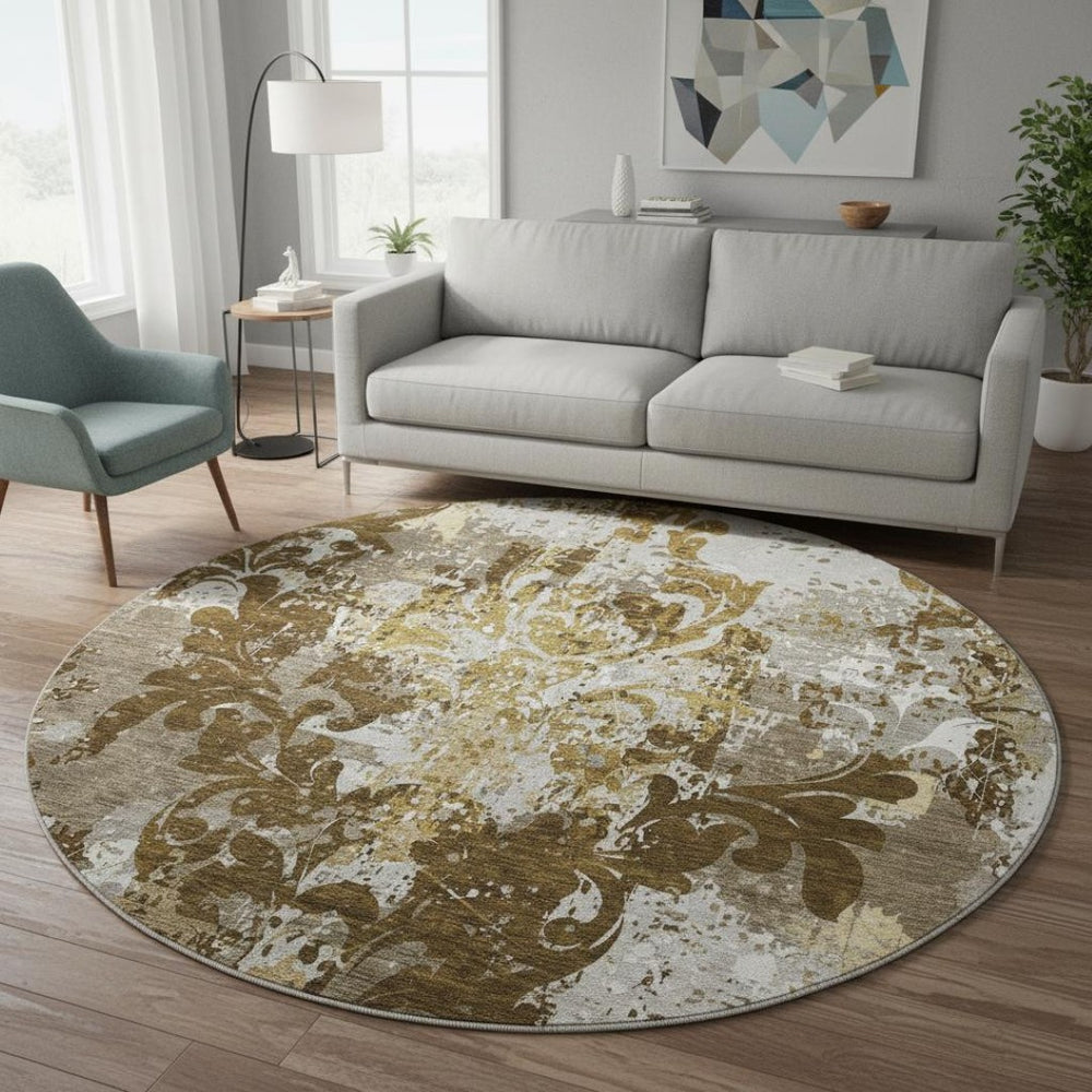 HomeRoots 8' Stylish Brown Ivory Beige Damask Round Rug with UV Protection - Washable, Durable, Easy-Care! 674356