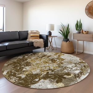 HomeRoots 8' Stylish Brown Ivory Beige Damask Round Rug with UV Protection - Washable, Durable, Easy-Care! 674356