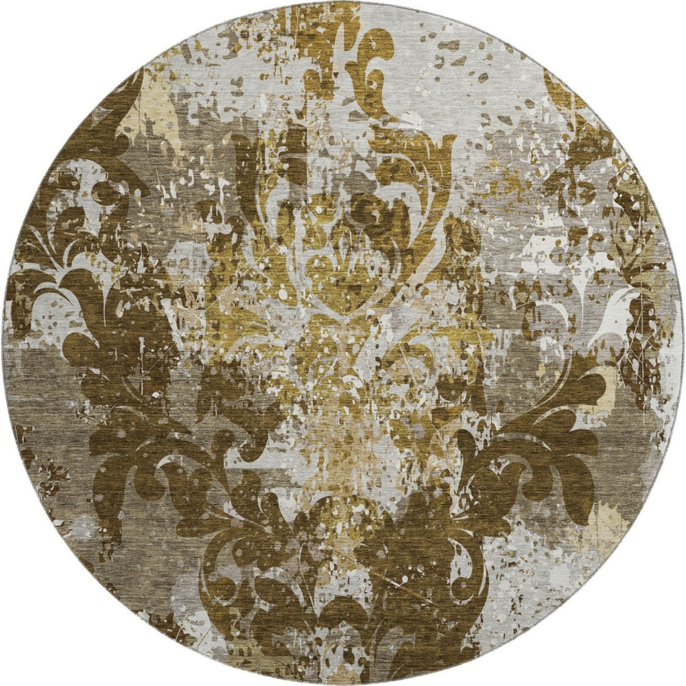 HomeRoots 8' Stylish Brown Ivory Beige Damask Round Rug with UV Protection - Washable, Durable, Easy-Care! 674356